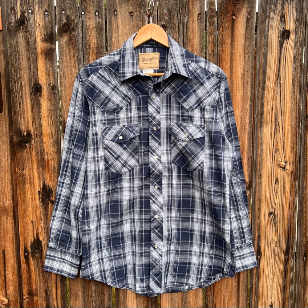 Wrangler Navy Blue Pearl Snap Plaid Long Sleeve Button Up Western Shirt, Men’s M